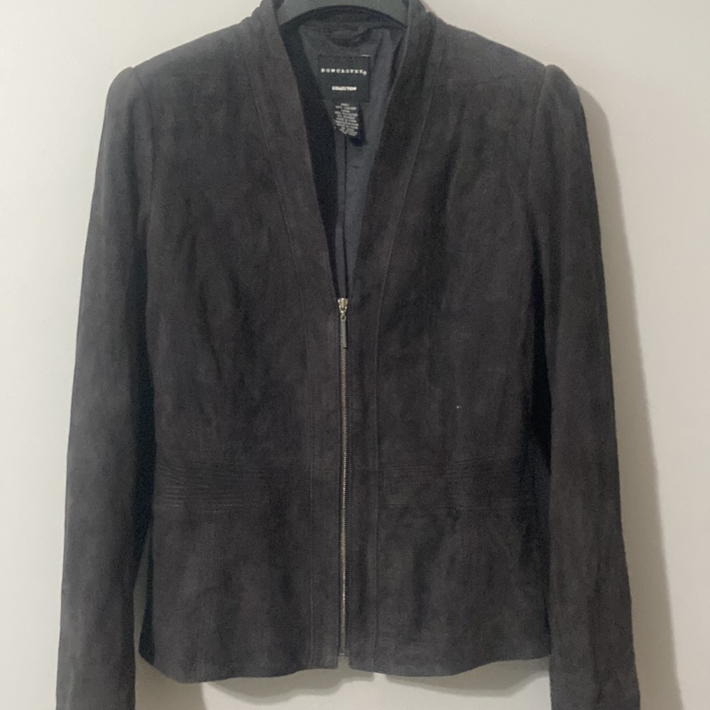 100% leather, dark gray suede jacket with detailed stitching